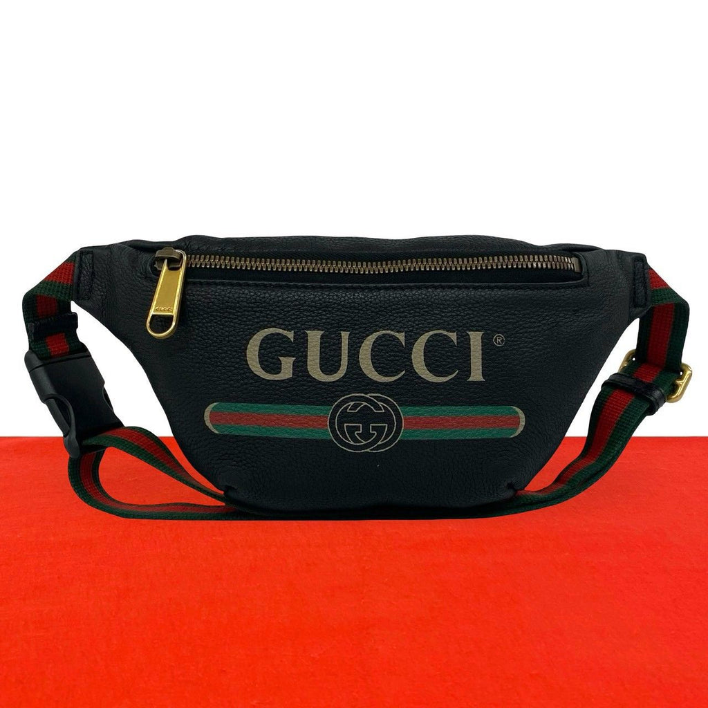 Gucci Print Small Belt Sherry Line Leather Bag Waist Pouch Black
