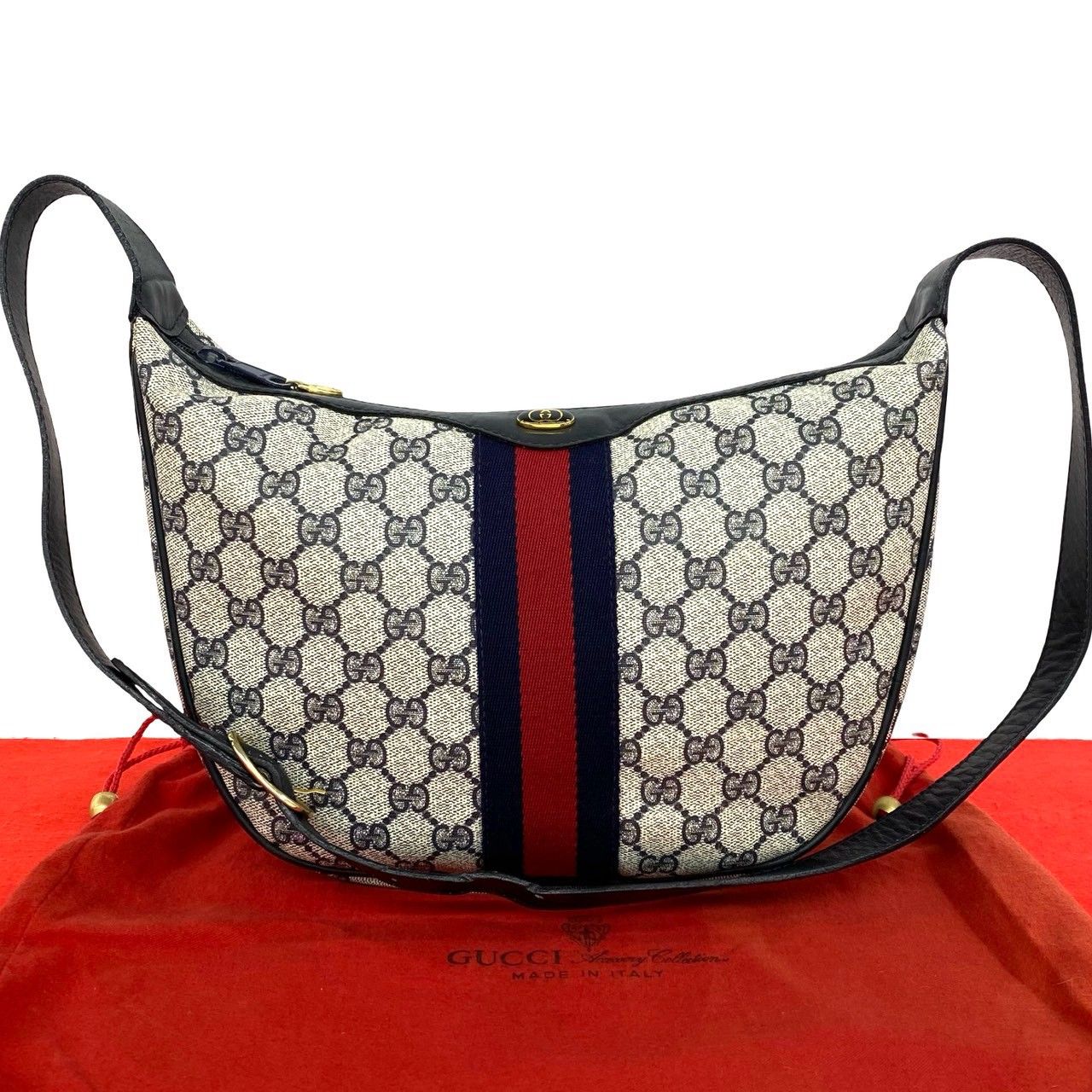 Gucci Vintage GG Logo Pattern Sherry Line Leather Shoulder Bag Navy