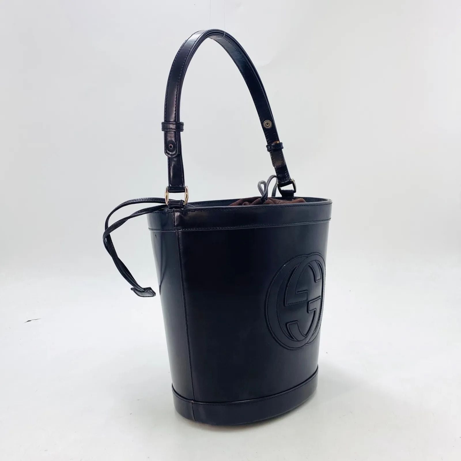 Gucci Bucket Shape Shoulder Bag Interlocking G Logo Vintage Patent Brown — view 3