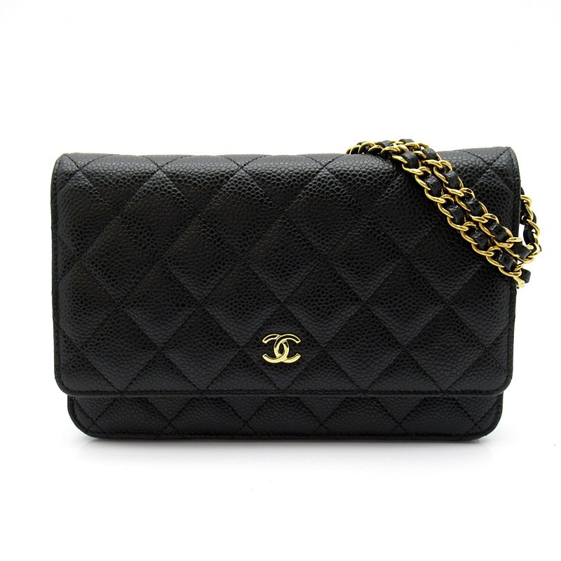 Chanel Quilted Chain Wallet Caviar Leather Shoulder Bag Black