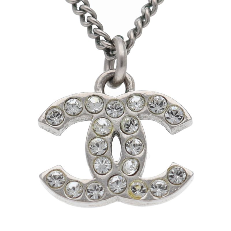 Chanel CC Logo Rhinestone Necklace Brass