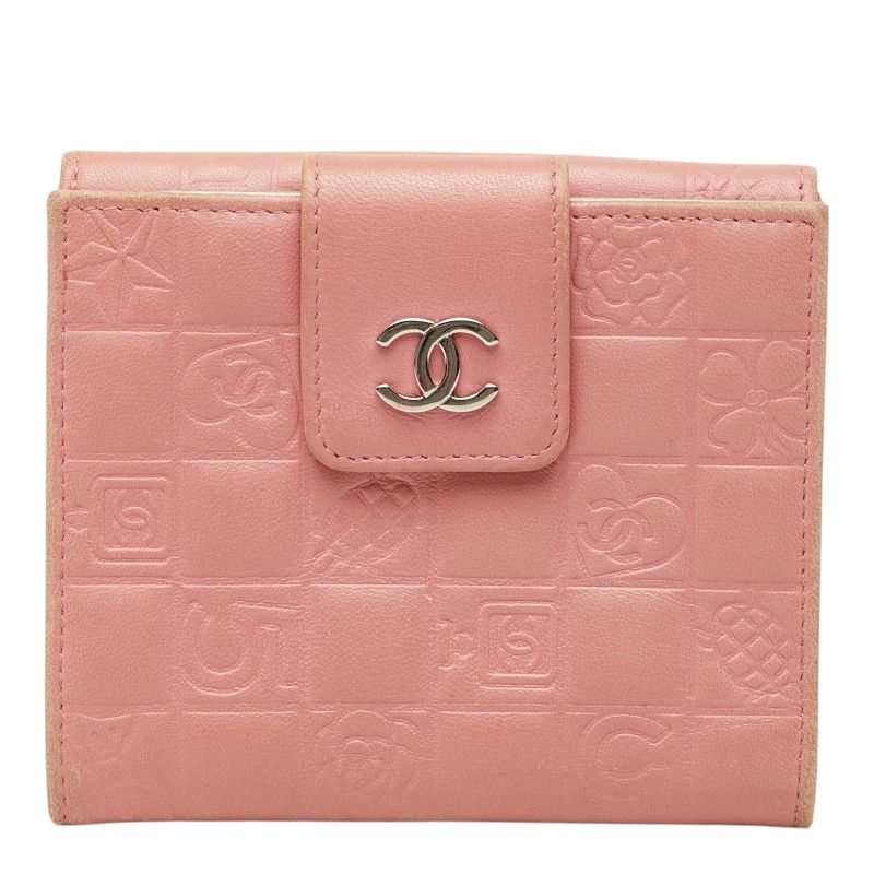 Chanel Icon Line CC Logo Snap Bifold Wallet Compact Pink Silver Lambskin