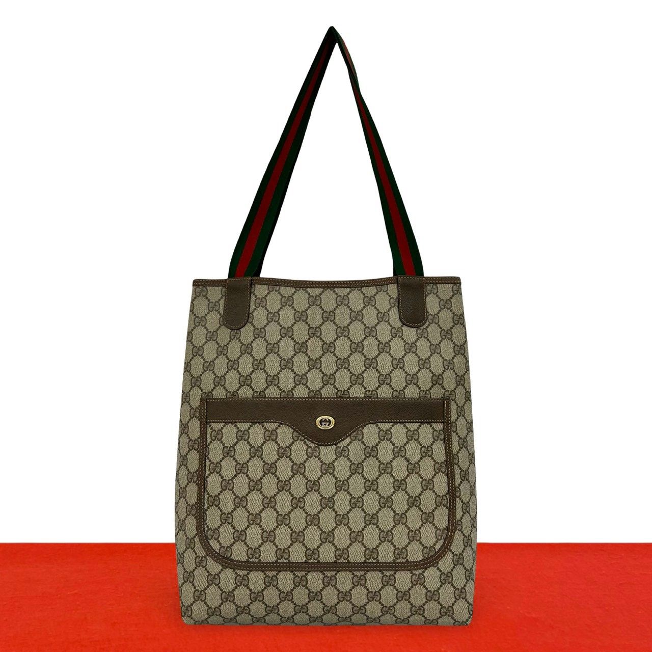 Gucci Vintage Sherry Line GG Logo Pattern Leather Tote Shoulder Bag Brown