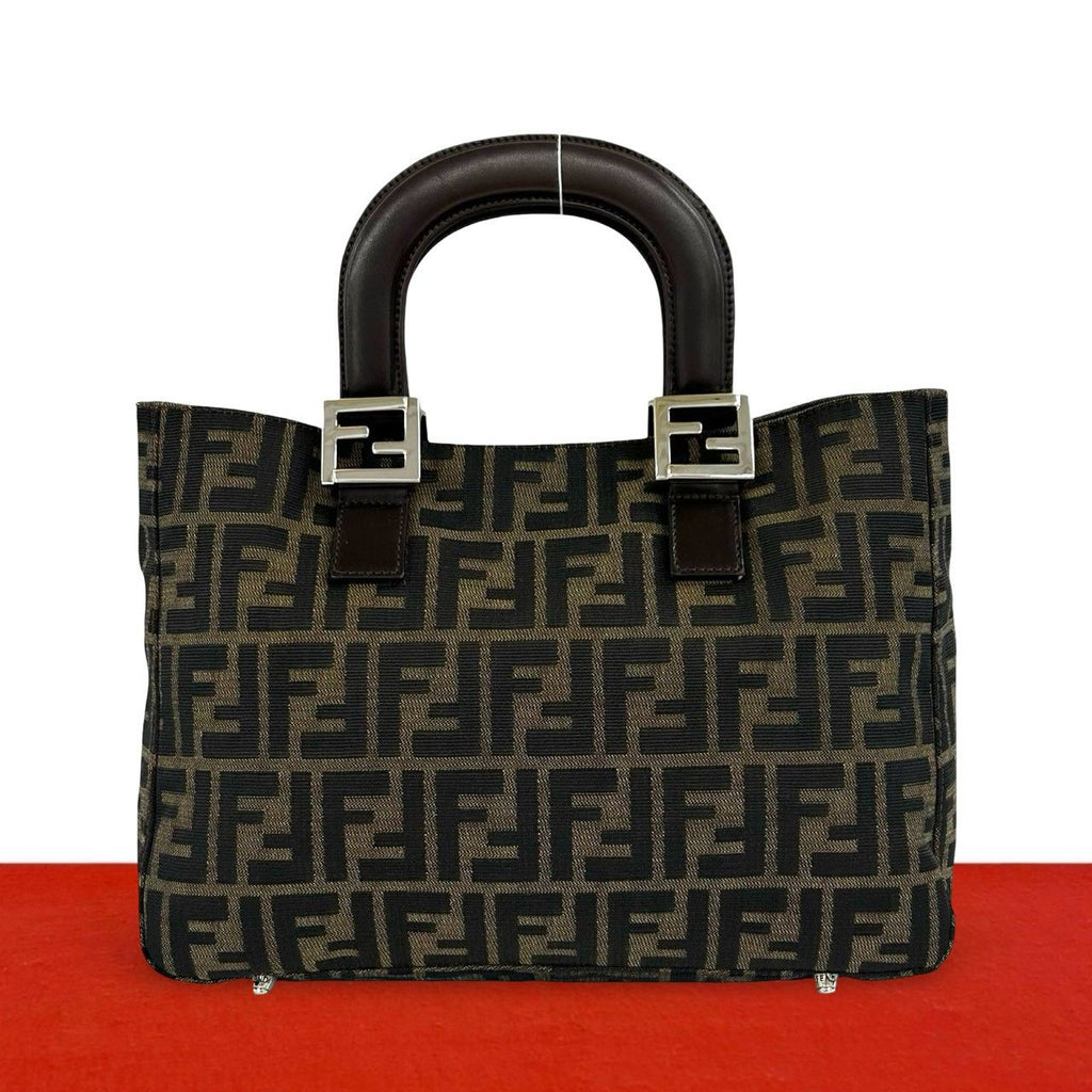 Fendi Zucca FF Pattern Logo Canvas Leather Book Handbag Mini Tote Brown Black