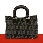 Fendi Zucca FF Pattern Logo Canvas Leather Book Handbag Mini Tote Brown Black