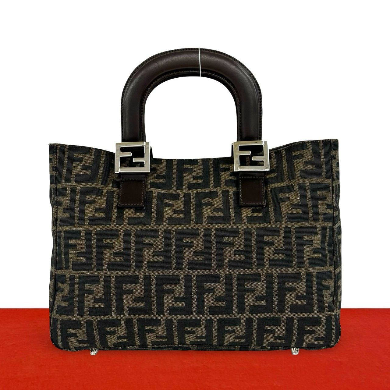 Fendi Zucca FF Pattern Logo Canvas Leather Book Handbag Mini Tote Brown Black