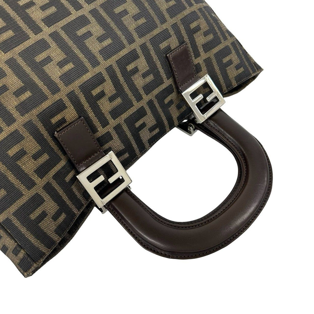Fendi Zucca FF Pattern Logo Canvas Leather Book Handbag Mini Tote Brown Black — view 4