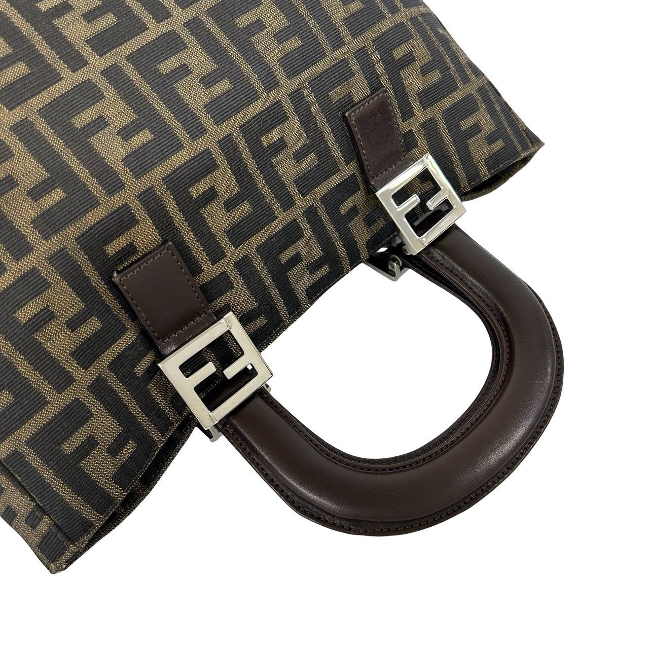 Fendi Zucca FF Pattern Logo Canvas Leather Book Handbag Mini Tote Brown Black — view 4