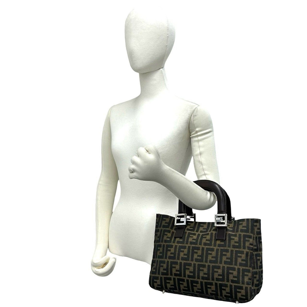 Fendi Zucca FF Pattern Logo Canvas Leather Book Handbag Mini Tote Brown Black — view 2