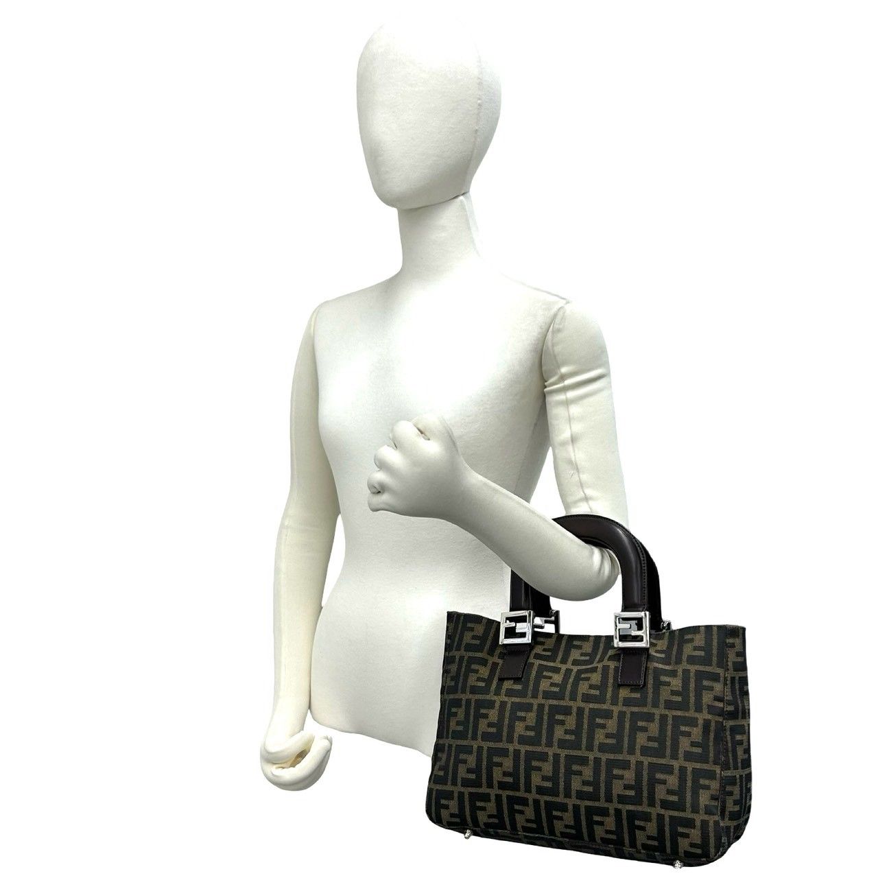 Fendi Zucca FF Pattern Logo Canvas Leather Book Handbag Mini Tote Brown Black — view 2