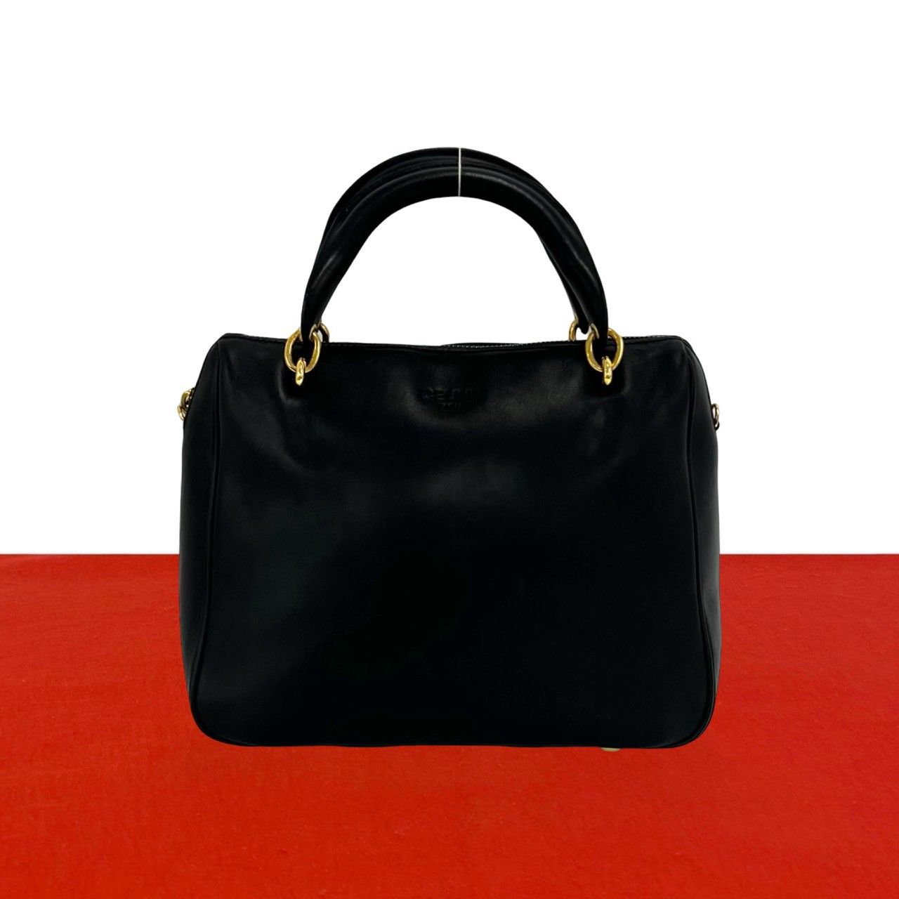 Celine Vintage Sta Logo Leather Mini Boston Bag Black