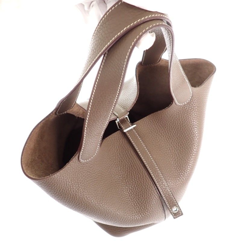 Hermes Picotin Lock MM Handbag Taurillon Clemence Etoupe Beige Silver — view 5