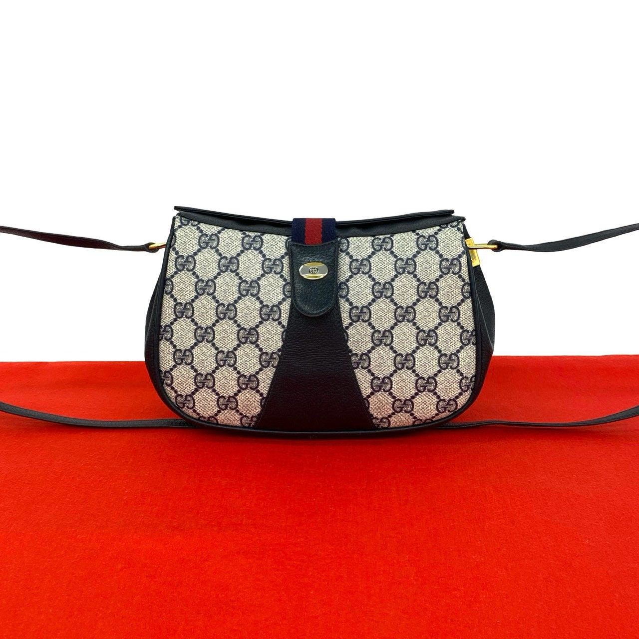 Gucci Vintage GG Logo Pattern Leather Shoulder Bag Pochette Navy