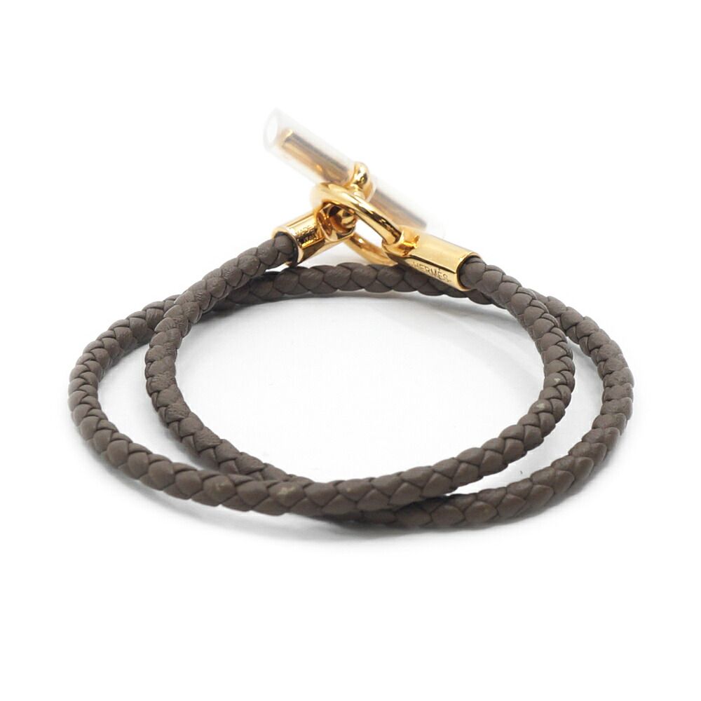 Hermes Bracelet Glenan Double Tour Gray Leather Pink Gold 16 — view 3