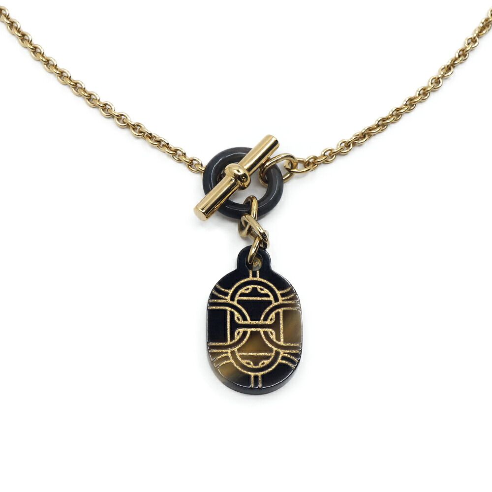 Hermes Chaine D'ancre Pendant Buffalo Horn Metal Brown Black Gold Necklace