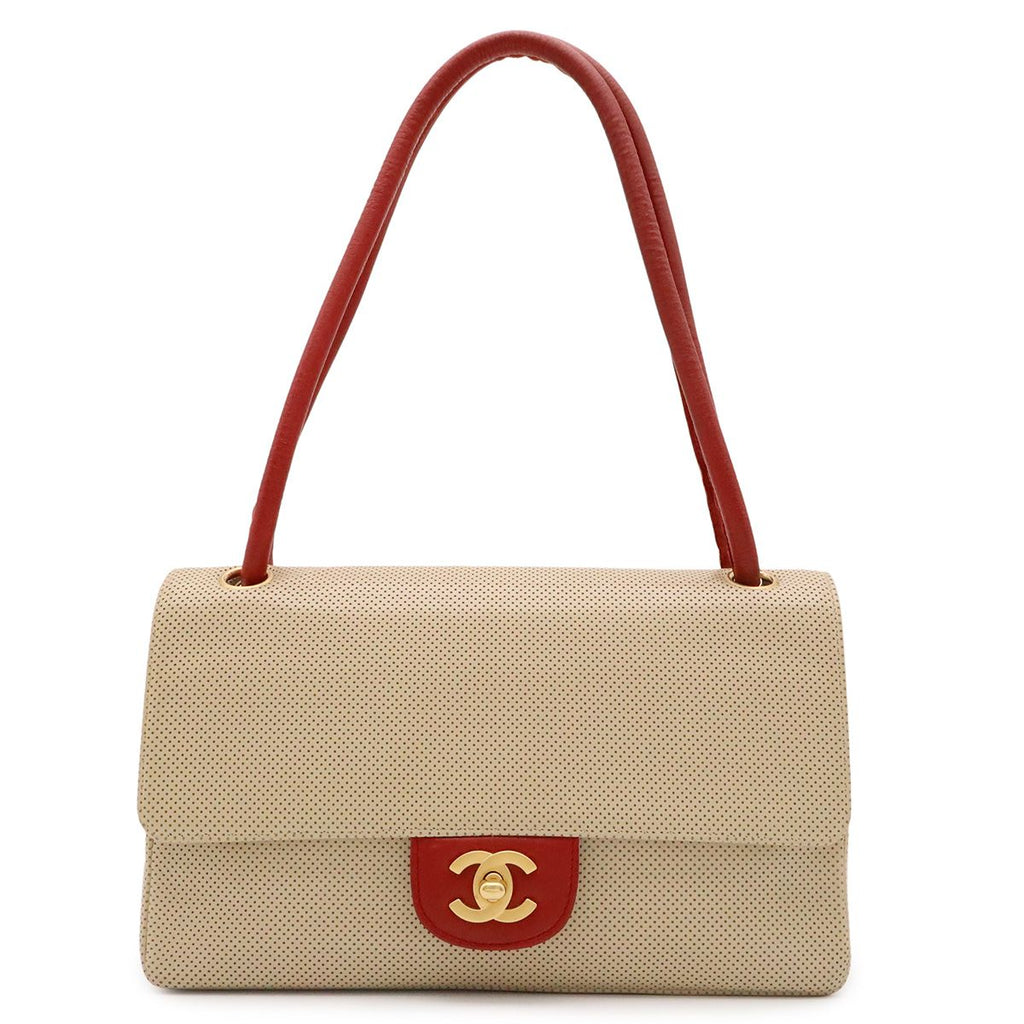 Chanel CC Logo Shoulder Bag Perforated Mesh Leather Beige Red Gold