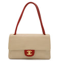 Chanel CC Logo Shoulder Bag Perforated Mesh Leather Beige Red Gold