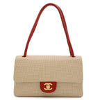 Chanel CC Logo Shoulder Bag Perforated Mesh Leather Beige Red Gold