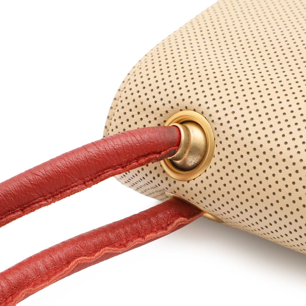 Chanel CC Logo Shoulder Bag Perforated Mesh Leather Beige Red Gold — view 5