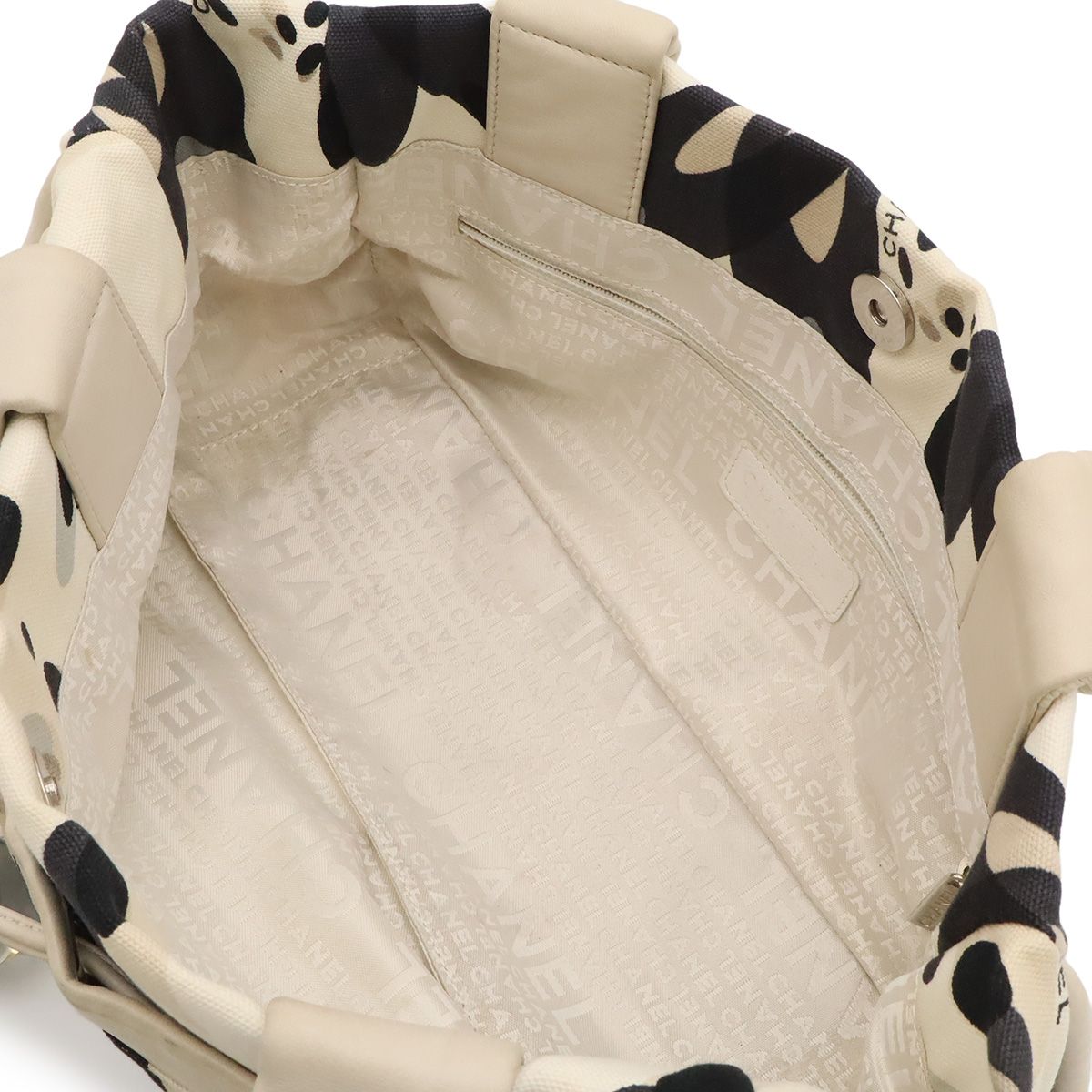 Chanel Tote Shoulder Bag All Over Print Canvas Leather Ivory Black Gray Silver — view 5