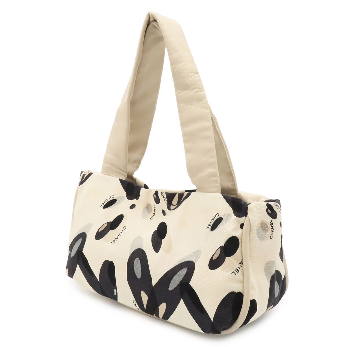 Chanel Tote Shoulder Bag All Over Print Canvas Leather Ivory Black Gray Silver — view 2