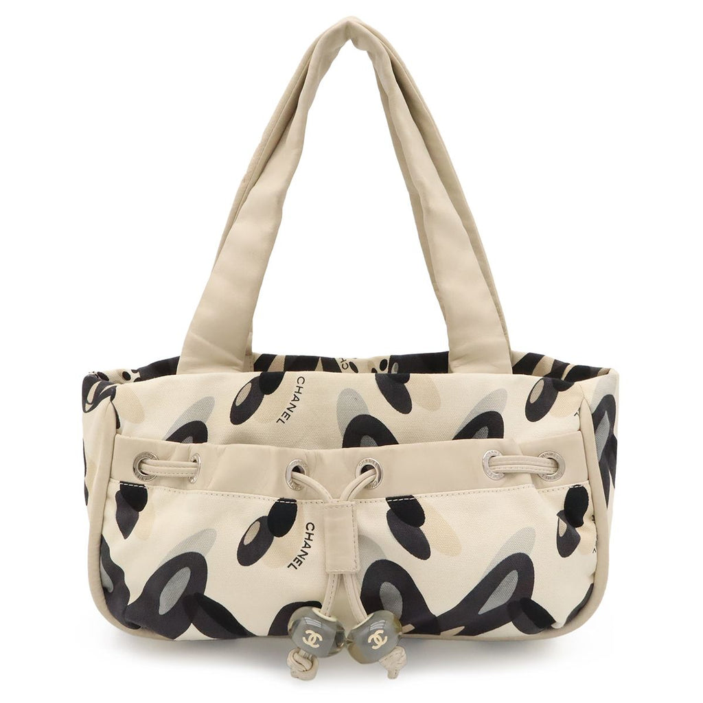 Chanel Tote Shoulder Bag All Over Print Canvas Leather Ivory Black Gray Silver