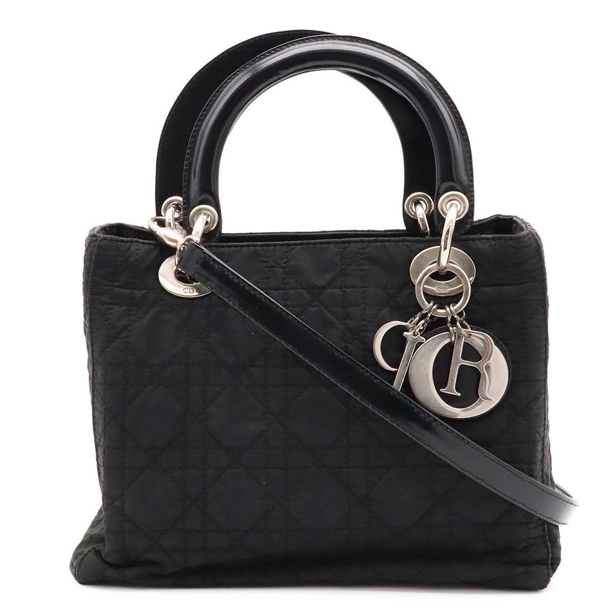 Dior Lady Medium Cannage Handbag 2-Way Shoulder Nylon Black Silver