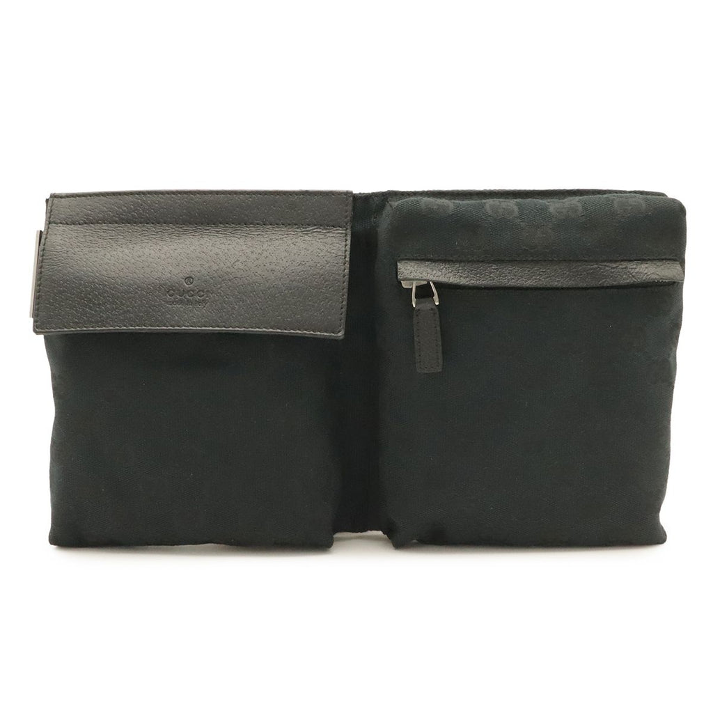 Gucci GG Canvas Belt Bag Waist Pouch Hip Bag Leather Black Silver