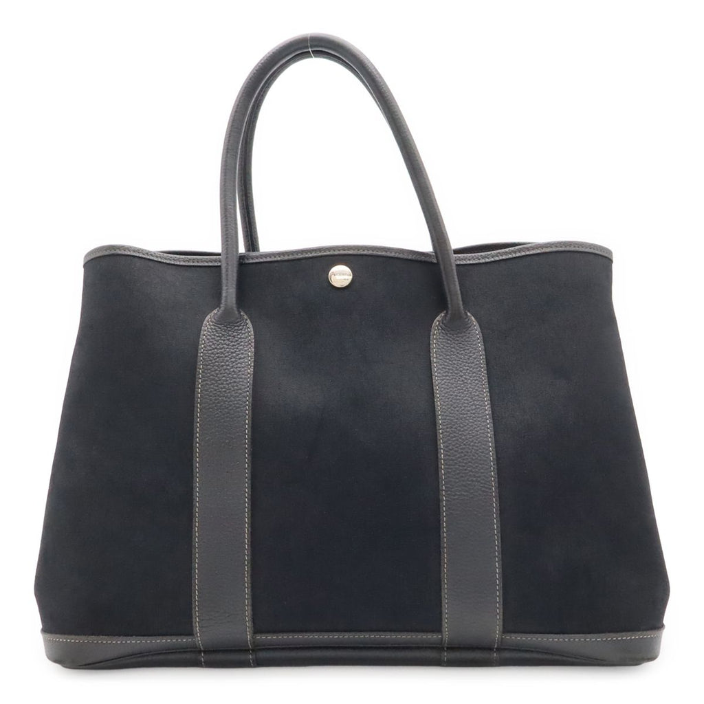 Hermes Garden Party PM Tote Shoulder Bag Toile Officier Leather Black Silver