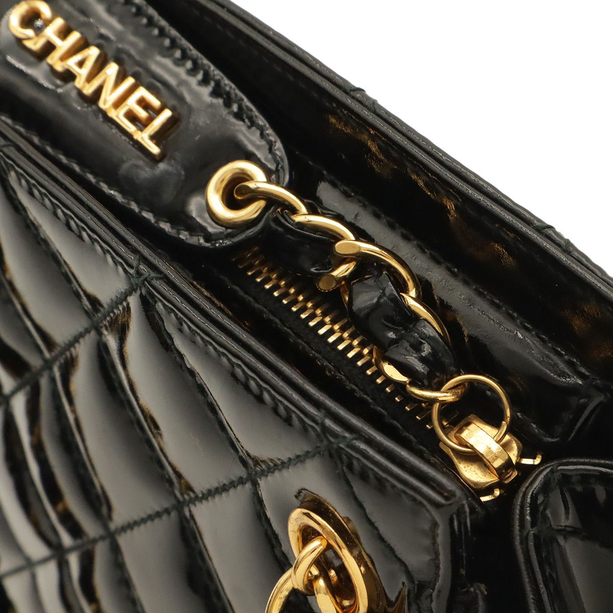 Chanel Quilted Chain Shoulder Bag Patent Leather Black Gold — view 5