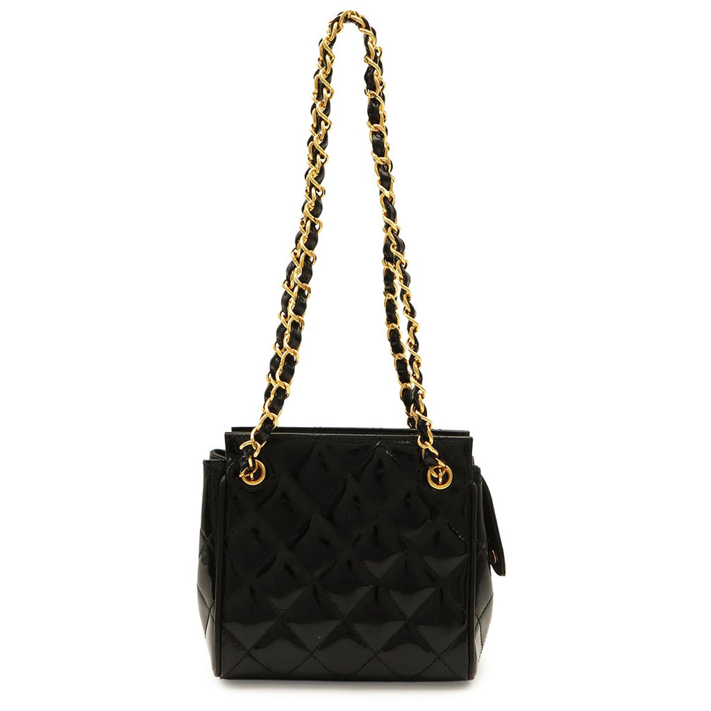 Chanel Quilted Chain Shoulder Bag Patent Leather Black Gold
