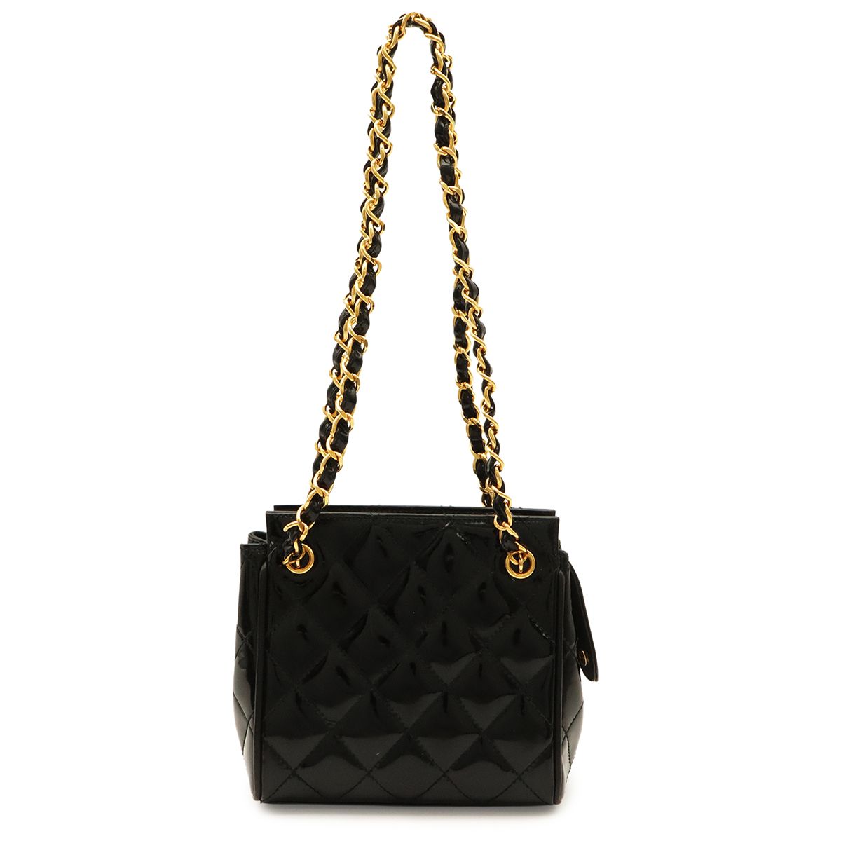 Chanel Quilted Chain Shoulder Bag Patent Leather Black Gold