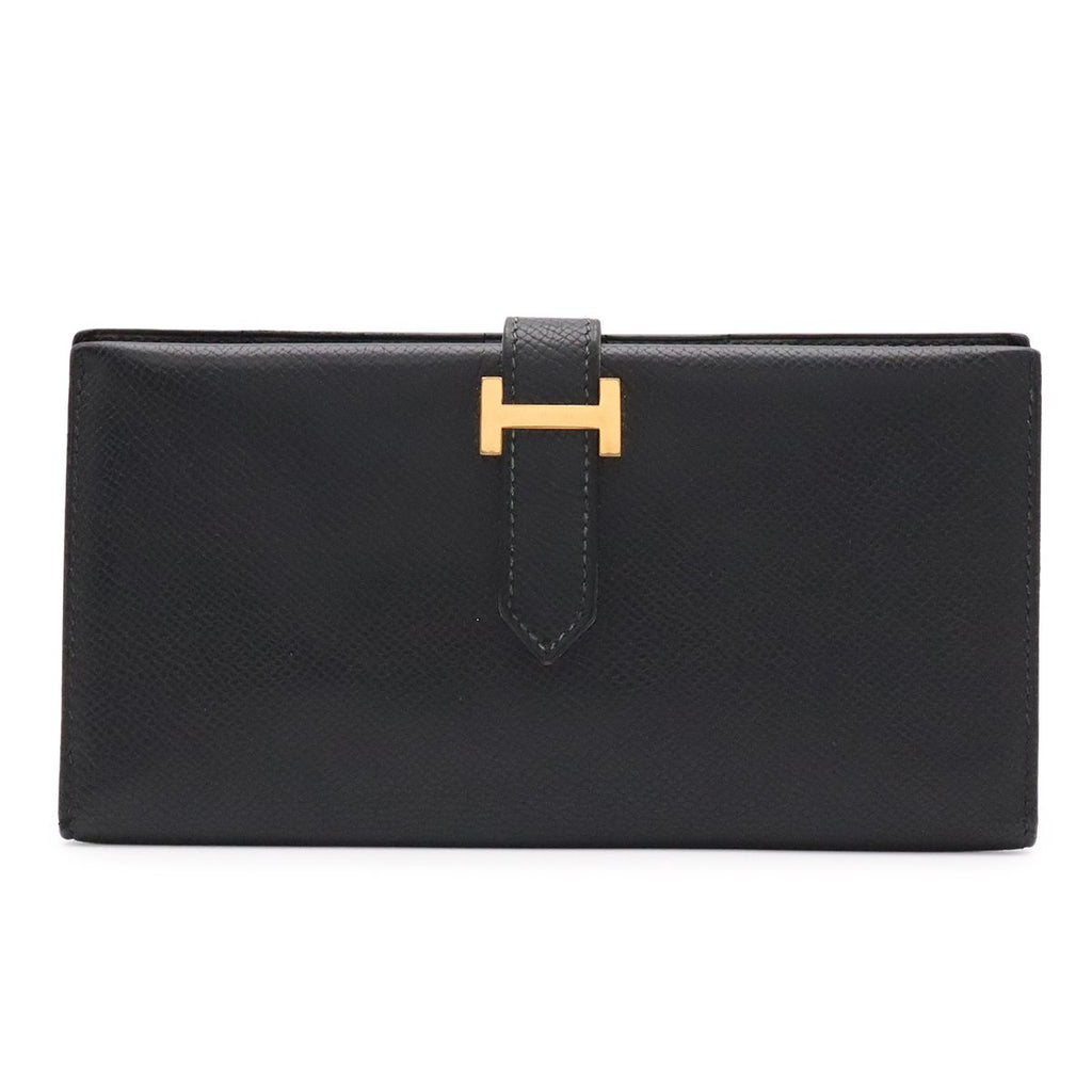 Hermes Bearn Classic Wallet Bifold Courchevel Leather Black Gold