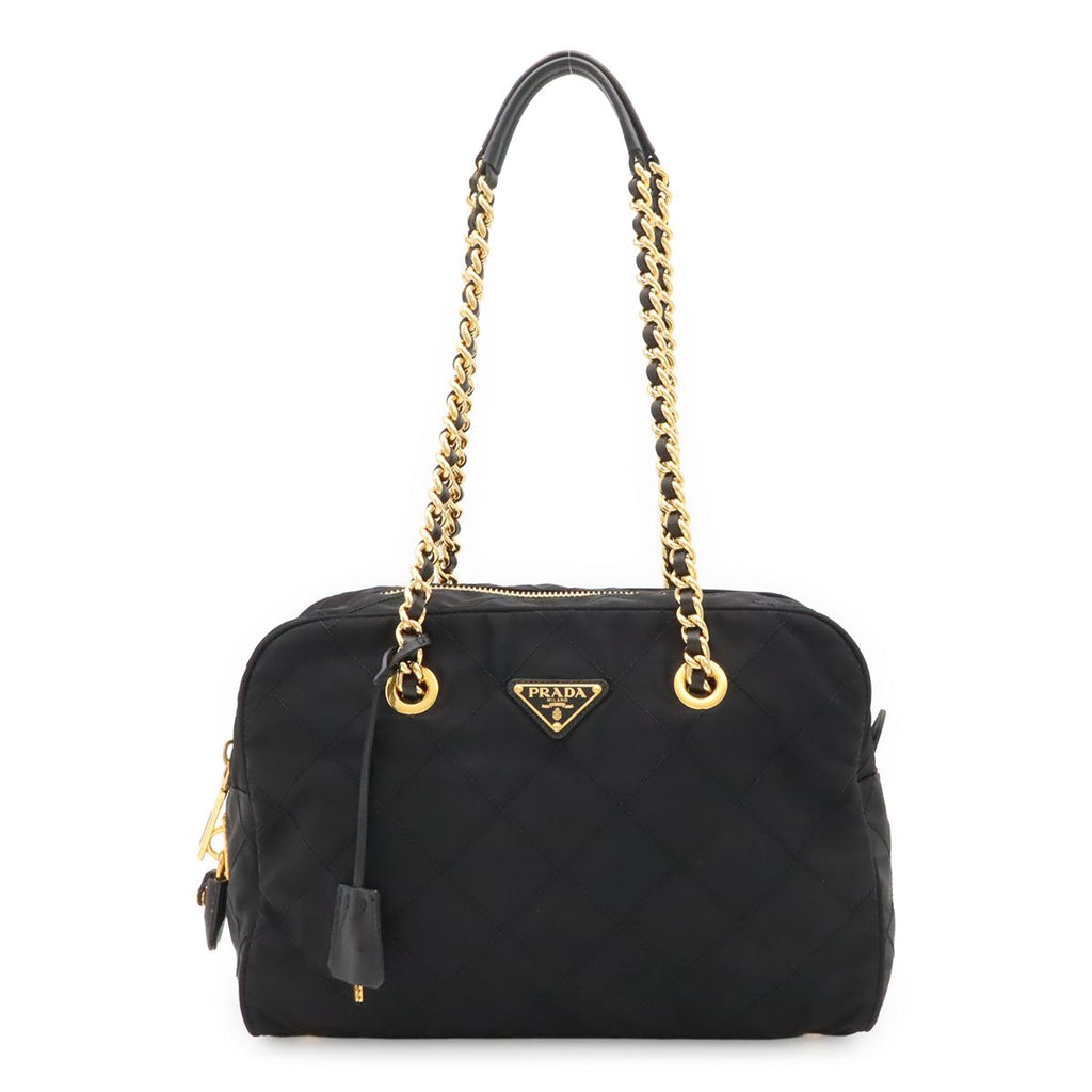 Prada Triangle Logo Quilted Shoulder Bag Chain Nylon Leather Nero Black Gold