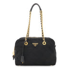 Prada Triangle Logo Quilted Shoulder Bag Chain Nylon Leather Nero Black Gold