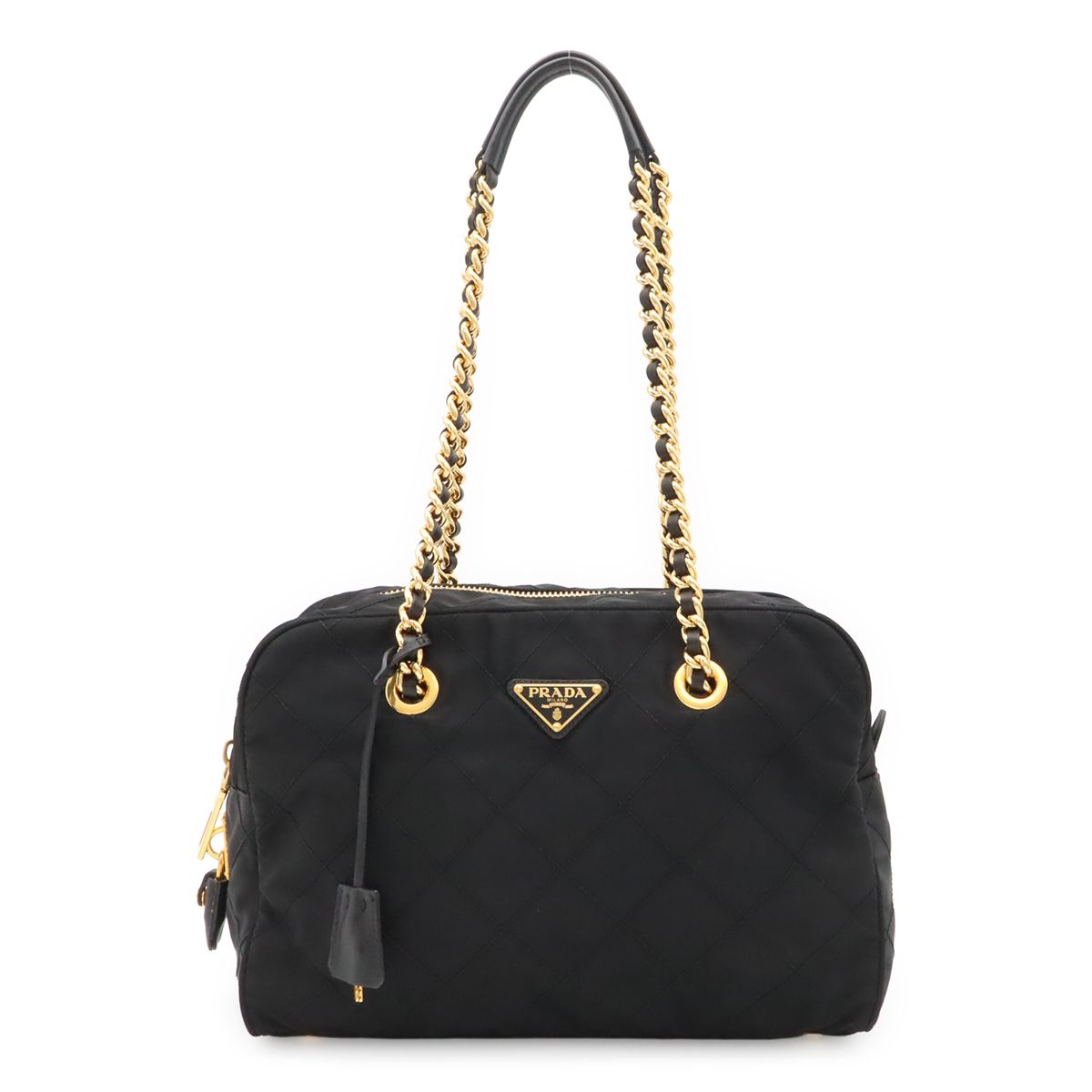 Prada Triangle Logo Quilted Shoulder Bag Chain Nylon Leather Nero Black Gold