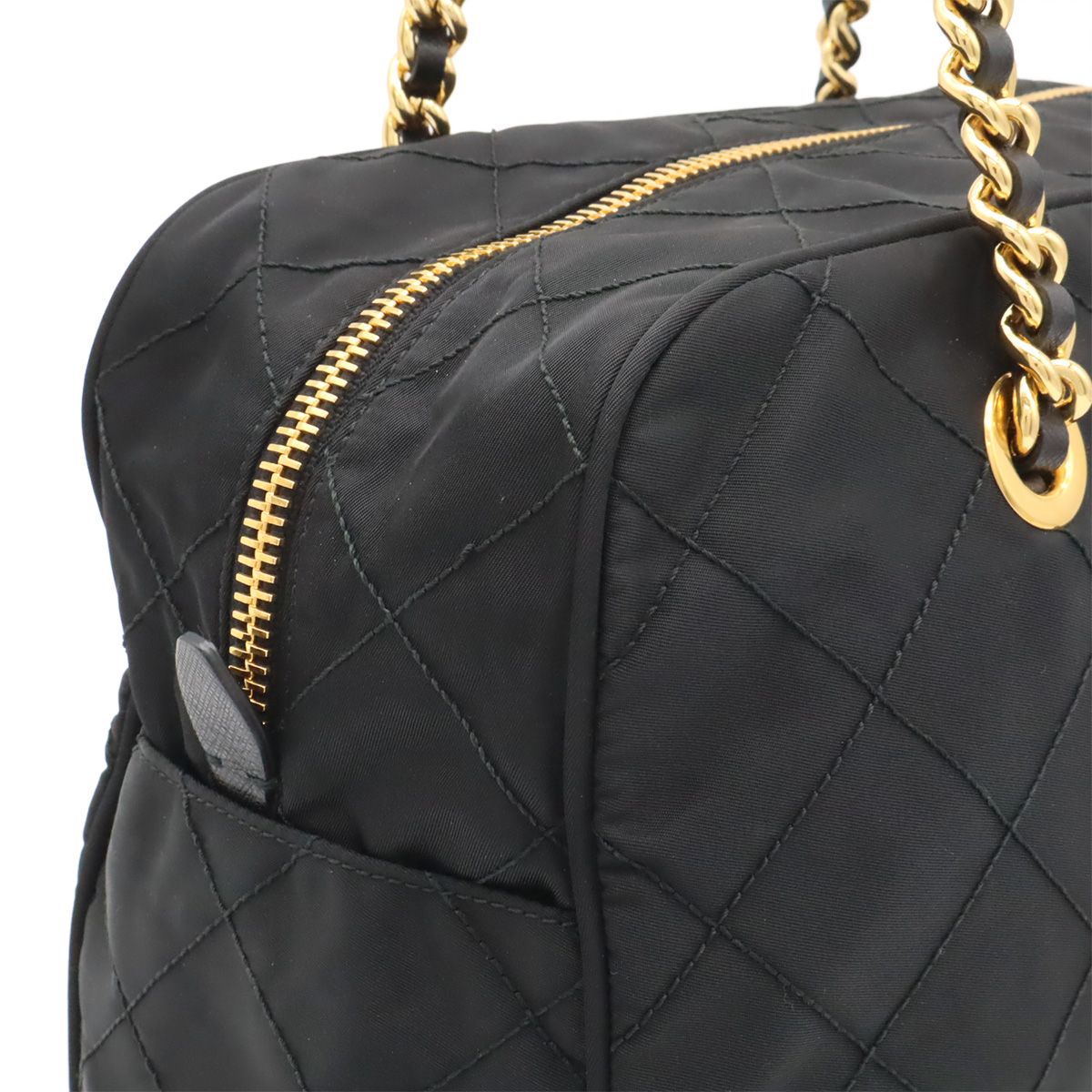 Prada Triangle Logo Quilted Shoulder Bag Chain Nylon Leather Nero Black Gold — view 7