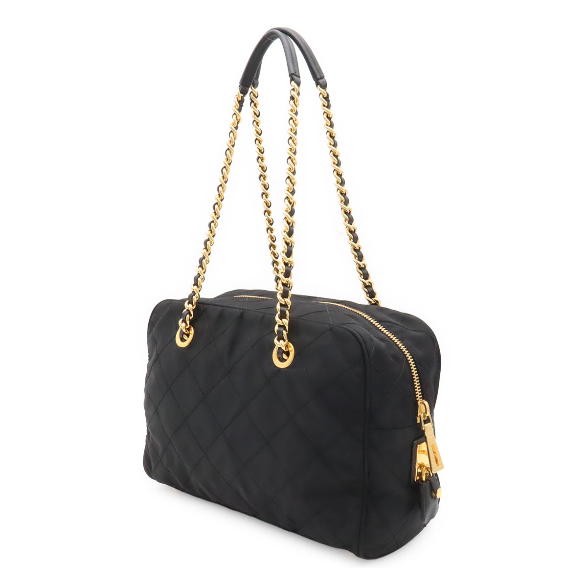 Prada Triangle Logo Quilted Shoulder Bag Chain Nylon Leather Nero Black Gold — view 2