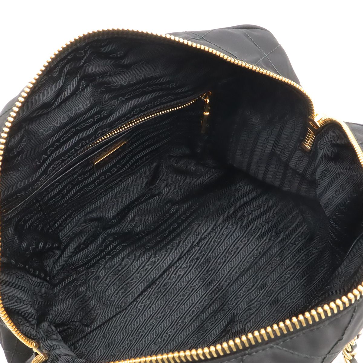 Prada Triangle Logo Quilted Shoulder Bag Chain Nylon Leather Nero Black Gold — view 6