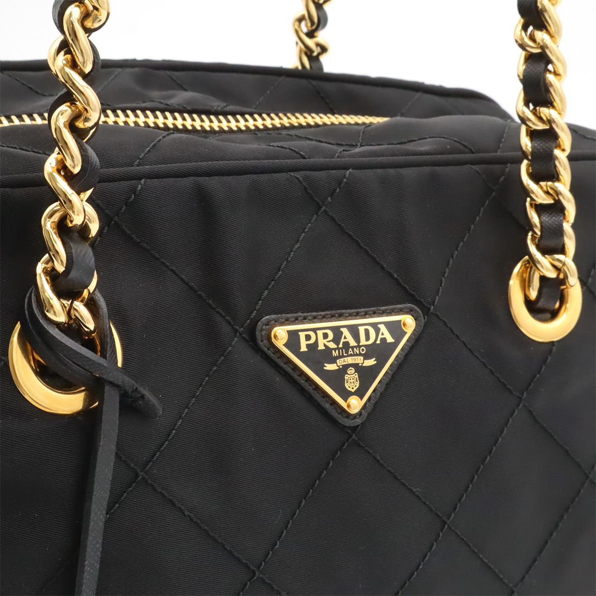 Prada Triangle Logo Quilted Shoulder Bag Chain Nylon Leather Nero Black Gold — view 8