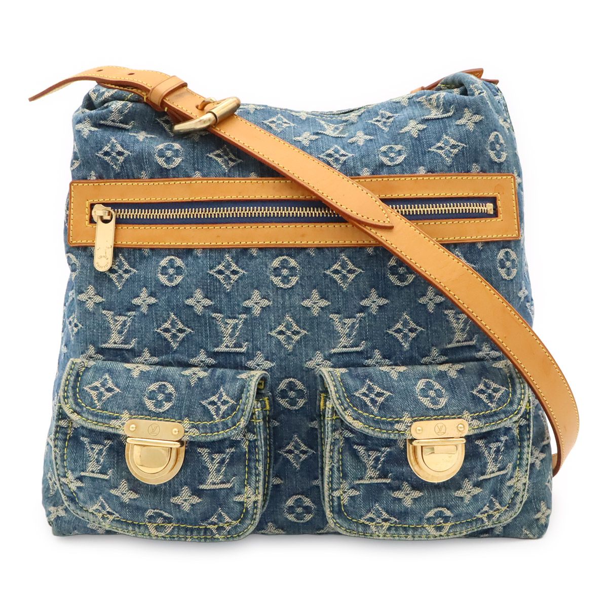 Louis Vuitton Monogram Denim Baggy GM Shoulder Bag Crossbody Long Strap Blue