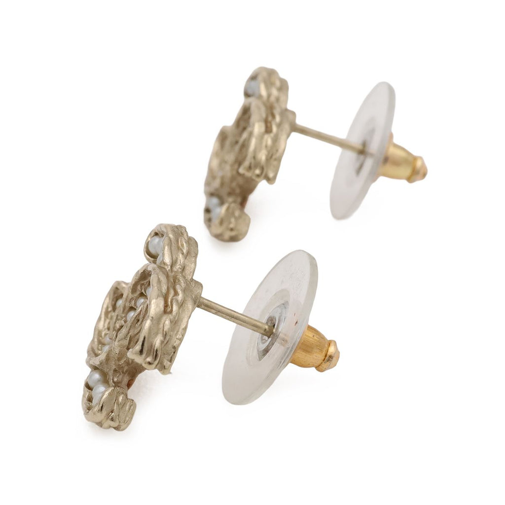 Chanel CC Logo Pearl Earrings Faux Gold White — view 2