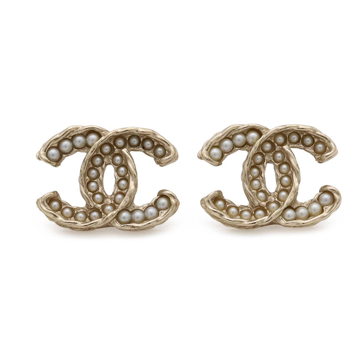 Chanel CC Logo Pearl Earrings Faux Gold White