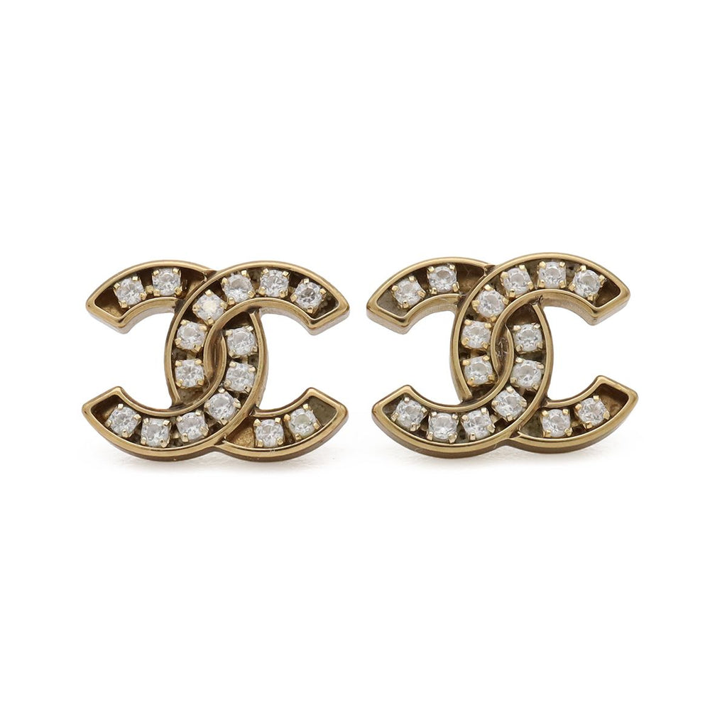 Chanel Cruise Collection CC Logo Earrings Rhinestone Gold