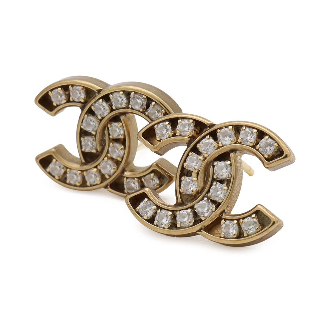 Chanel Cruise Collection CC Logo Earrings Rhinestone Gold — view 4