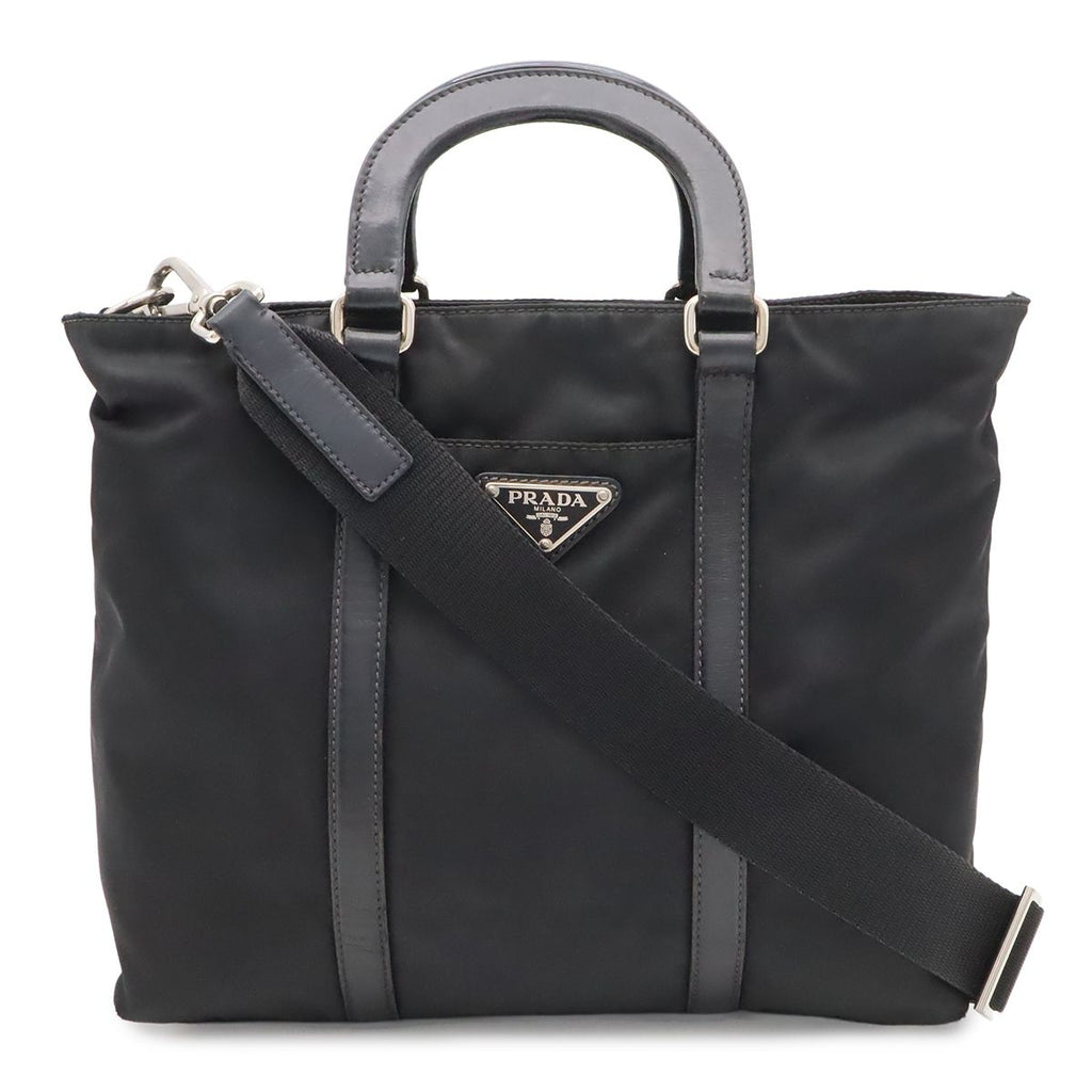 Prada Triangle Tote 2-Way Shoulder Bag Nylon Nero Black Blue Silver