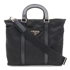 Prada Triangle Tote 2-Way Shoulder Bag Nylon Nero Black Blue Silver