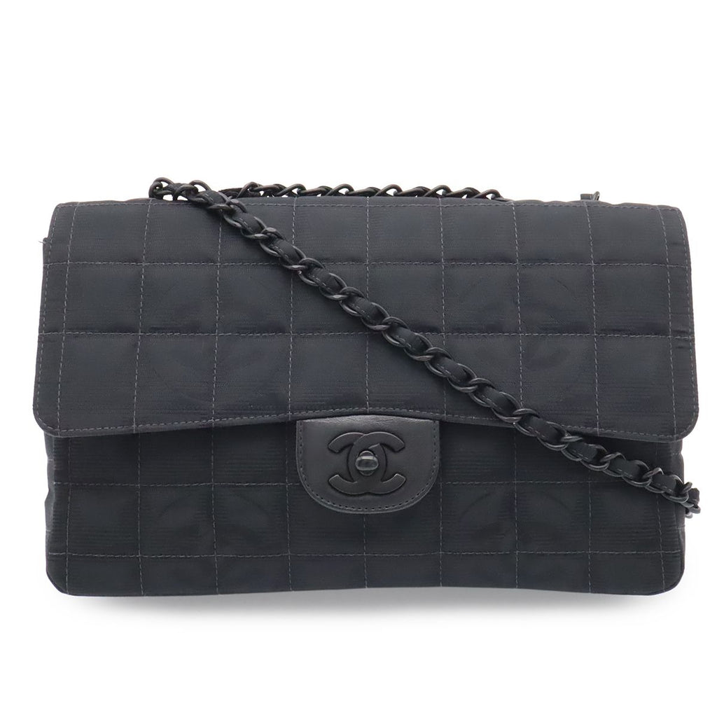 Chanel New Travel Line Chain Shoulder Bag 2-Way Nylon Jacquard Leather Black