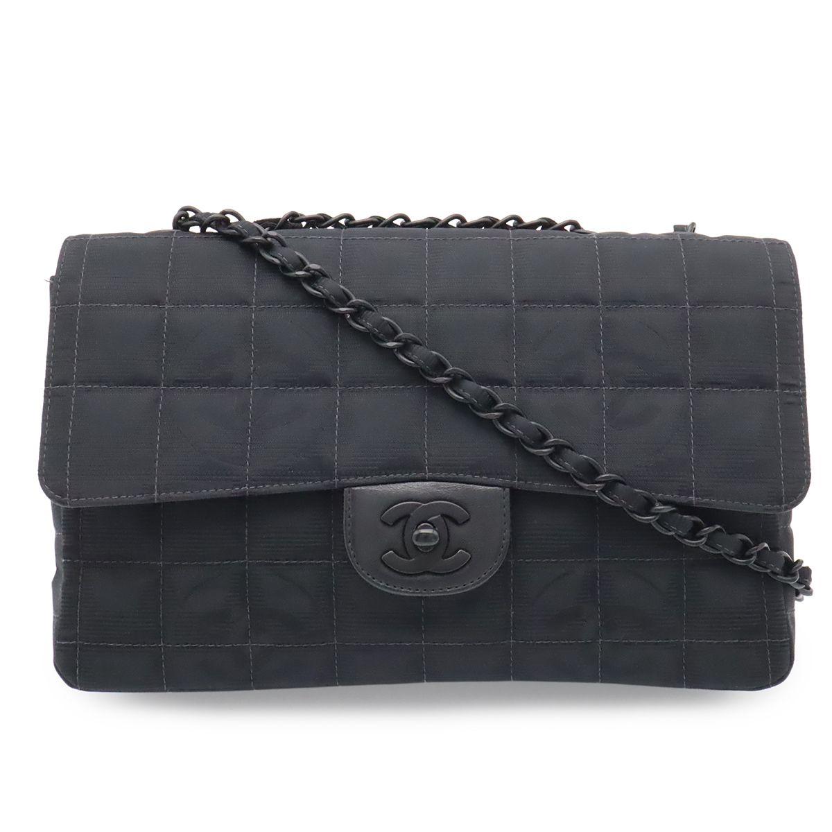Chanel New Travel Line Chain Shoulder Bag 2-Way Nylon Jacquard Leather Black