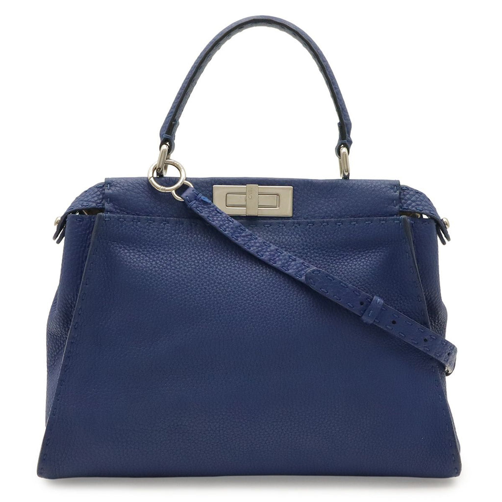 Fendi Selleria Peekaboo Regular Tote 2-Way Shoulder Bag Leather Blue Silver